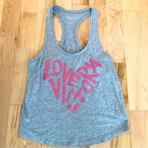 Victoria’s Secret Racer Back Tank
Size: S, Gray with Pink Glitter Lettering